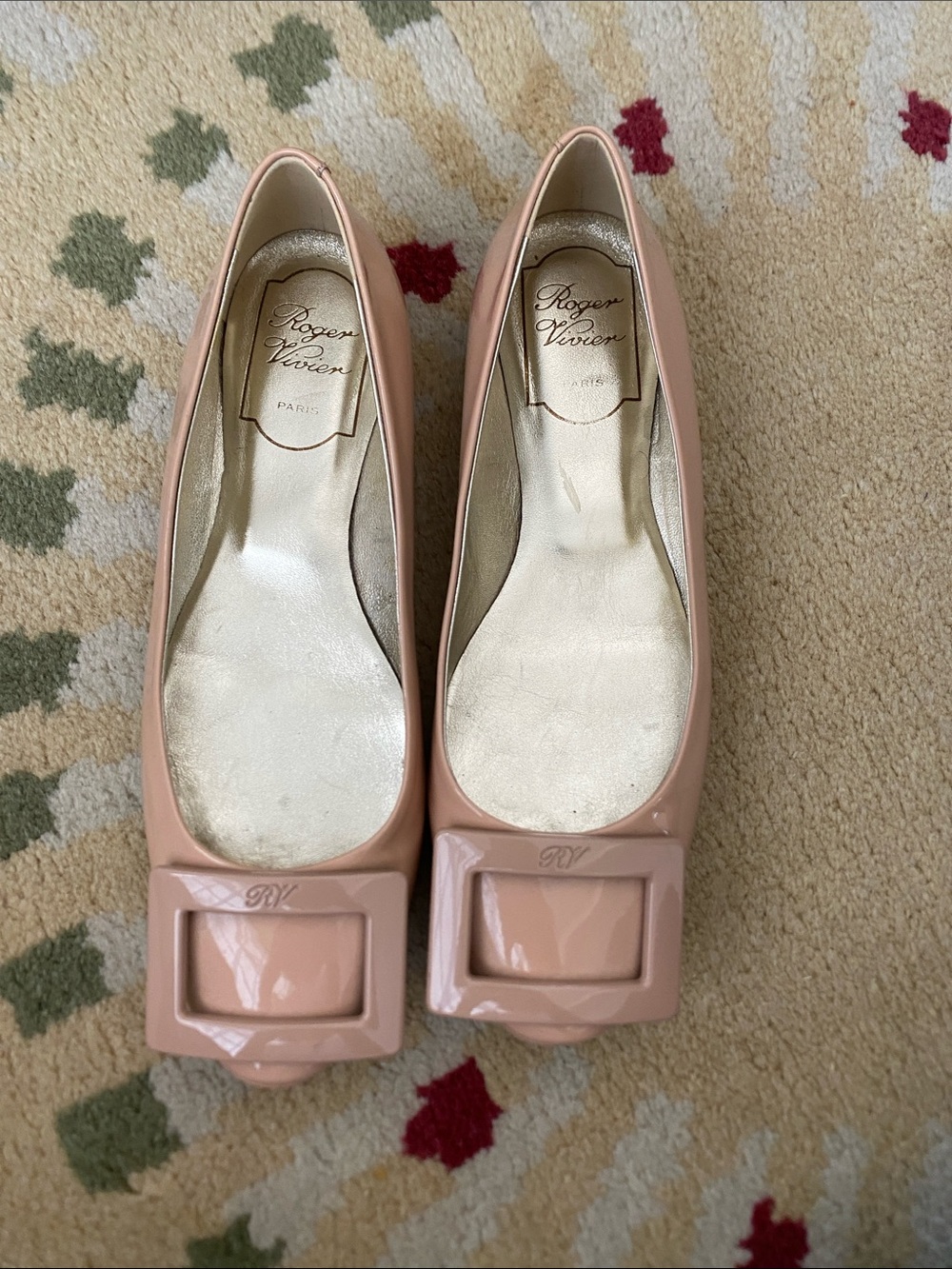 Roger Vivier Blush Patent Leather Square-Buckle Flats